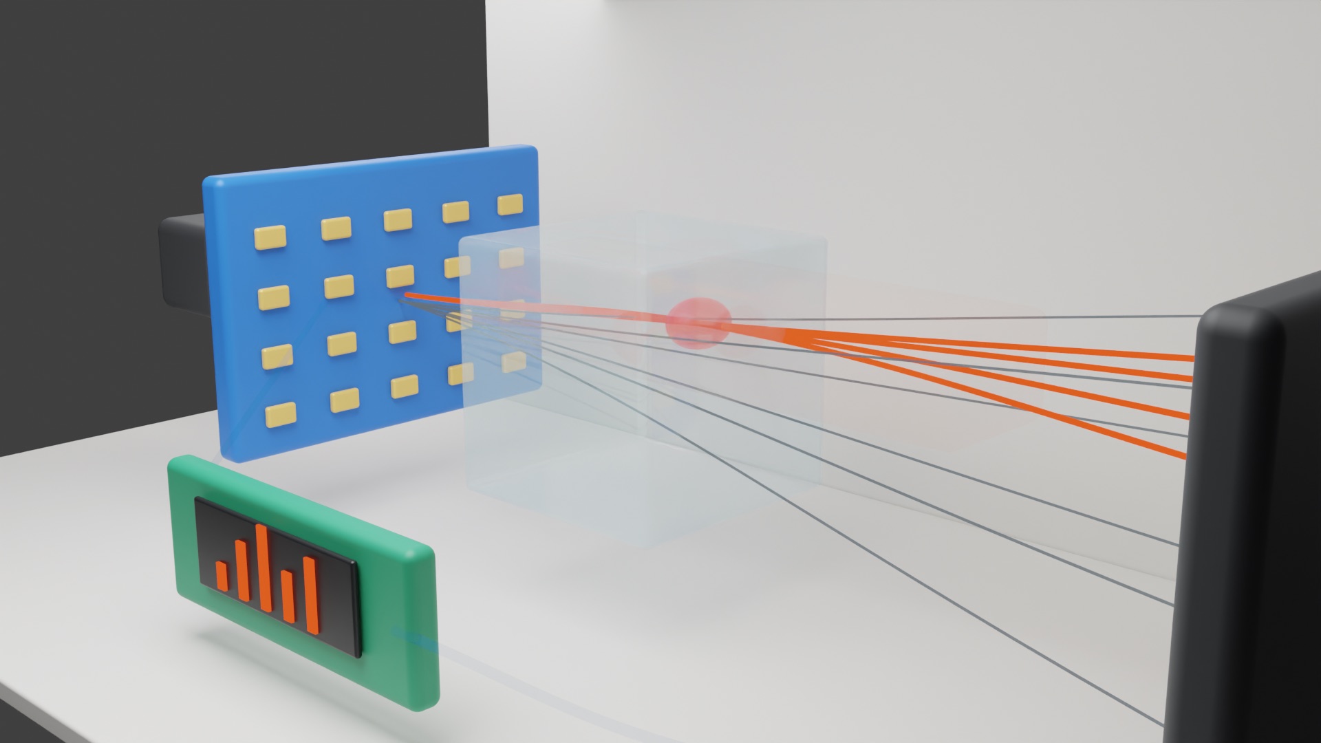 3D render of a ray steering array, translucent target phantom, detector, and RBYRCT engine